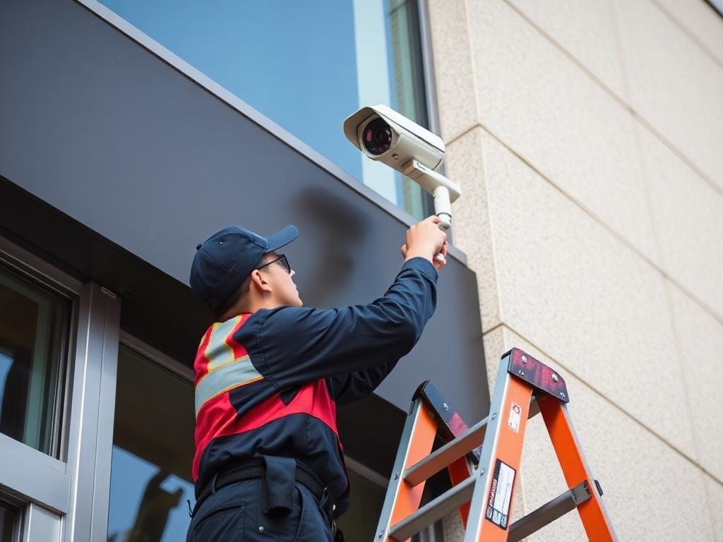 Técnico instalando cámara en fachada